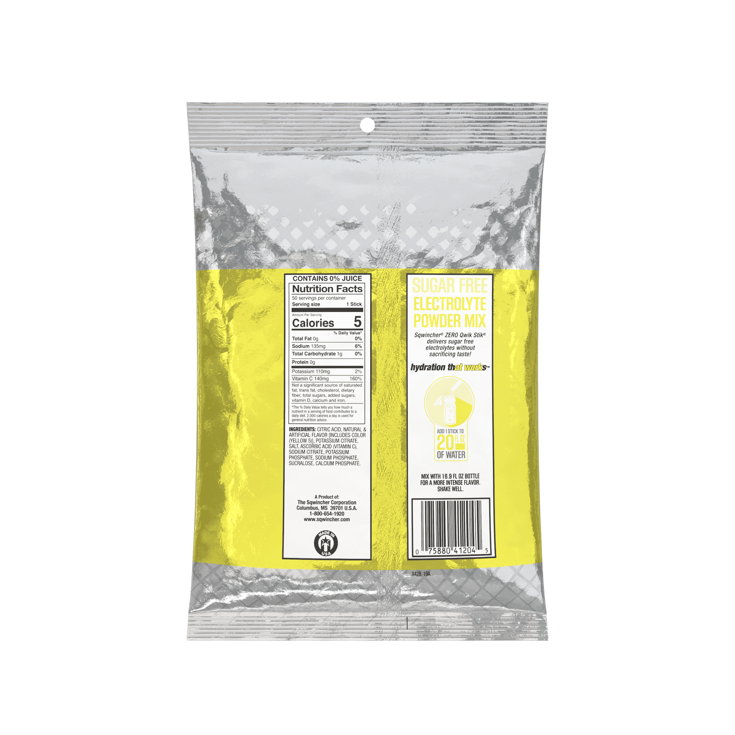 Sqwincher® Qwik Stik®, Lemonade, ZERO Sugar Free, 20oz Yield Powder Mixes, Pack of 50