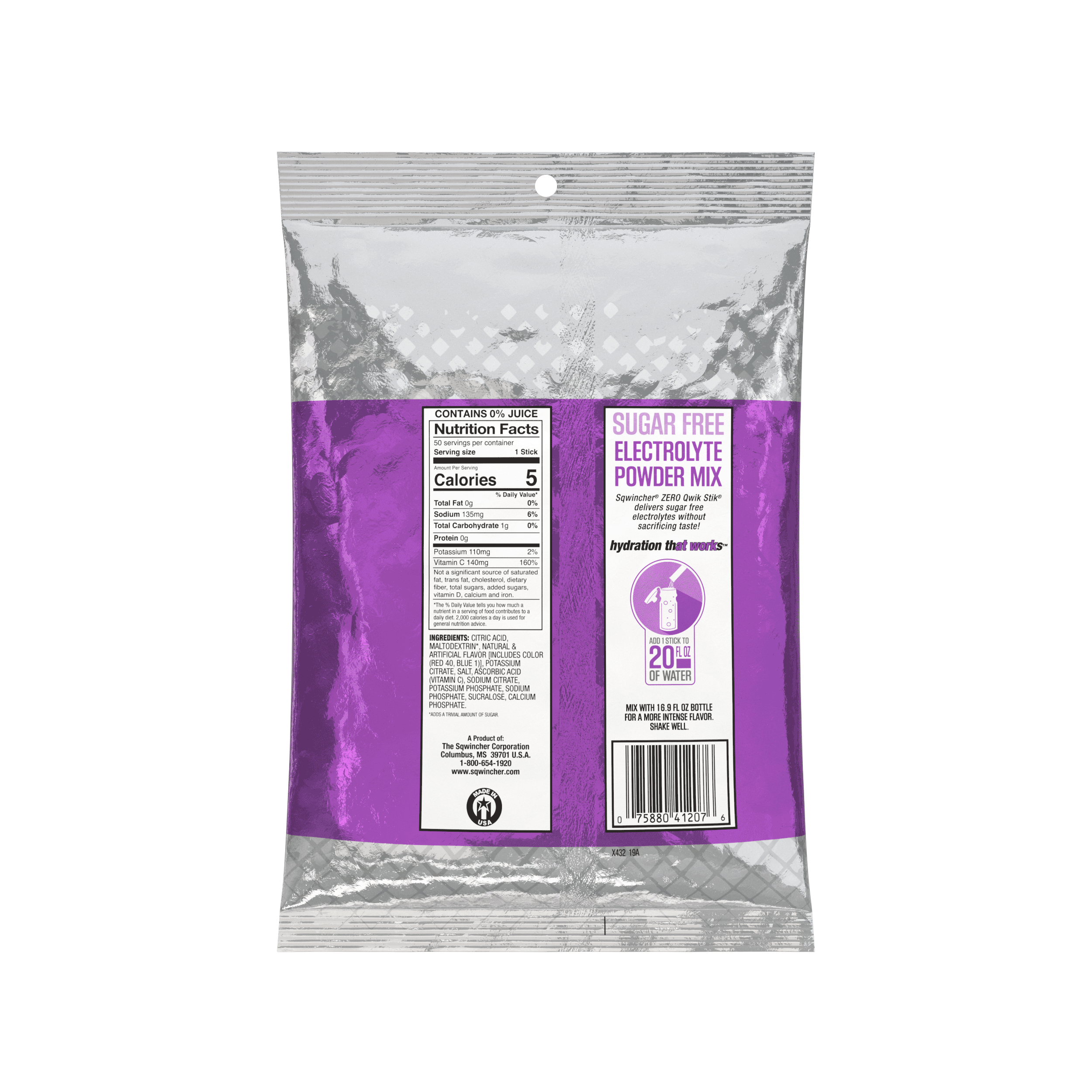 Sqwincher® Qwik Stik®, Grape, ZERO Sugar Free, 20oz Yield Powder Mixes, Pack of 50