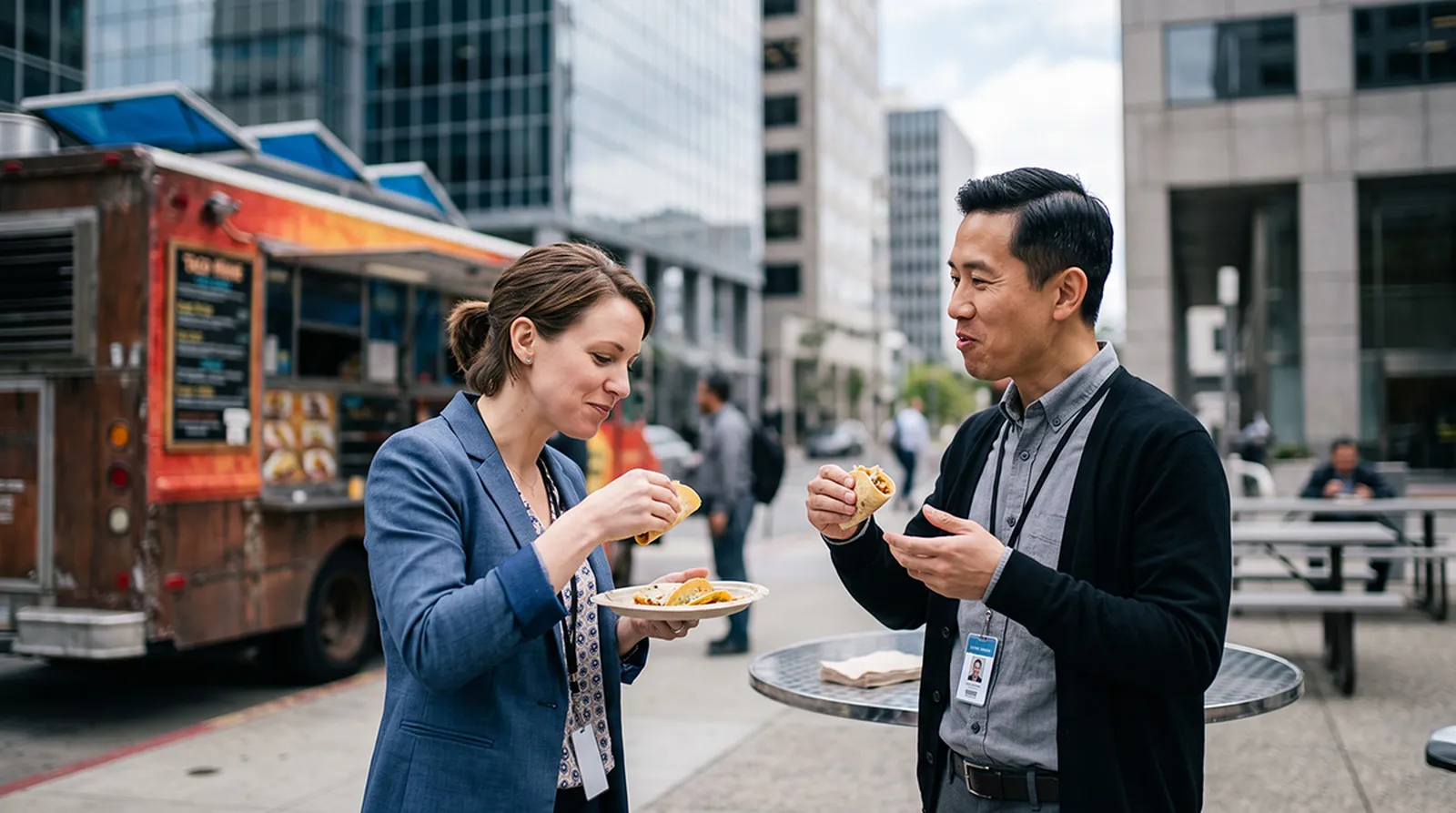 Two people eating tacos next to a taco truck