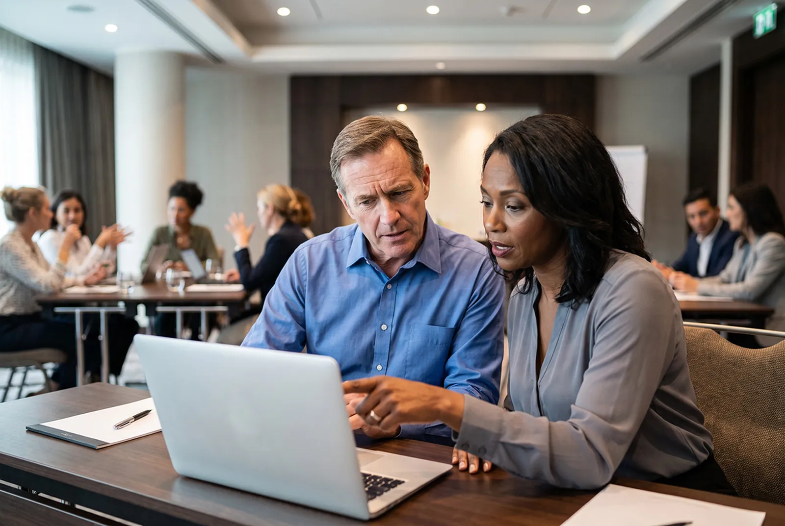 Two leaders working through a challenge around a shared laptop