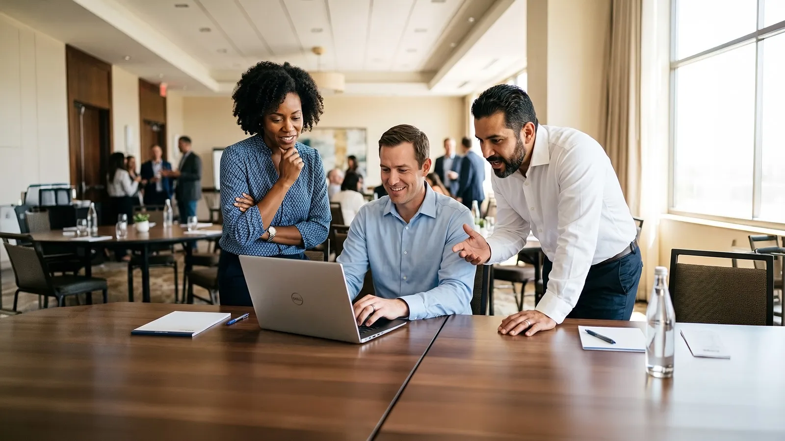 Three leaders working through a problem together