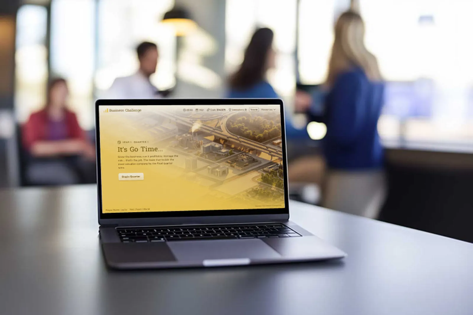 The Business Challenge simulation on a laptop screen