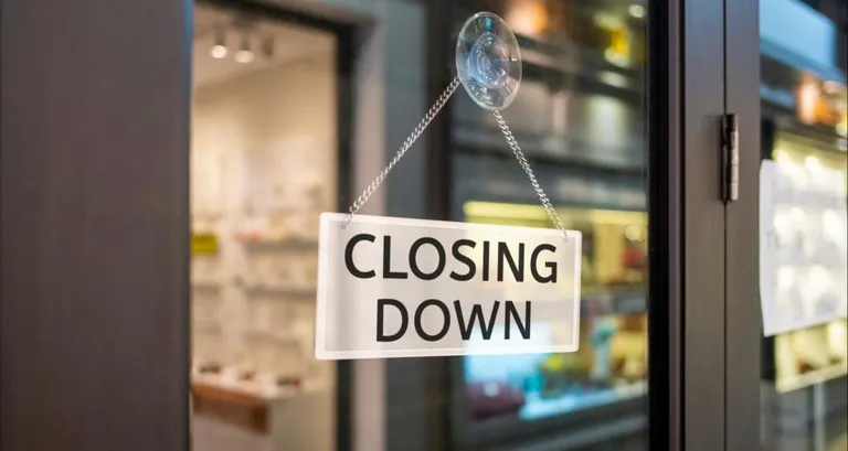 A closing down sign displayed in a window.