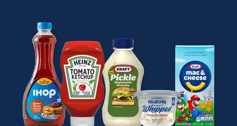 Kraft Heinz products including ketchup, cream cheese and mac & cheese.