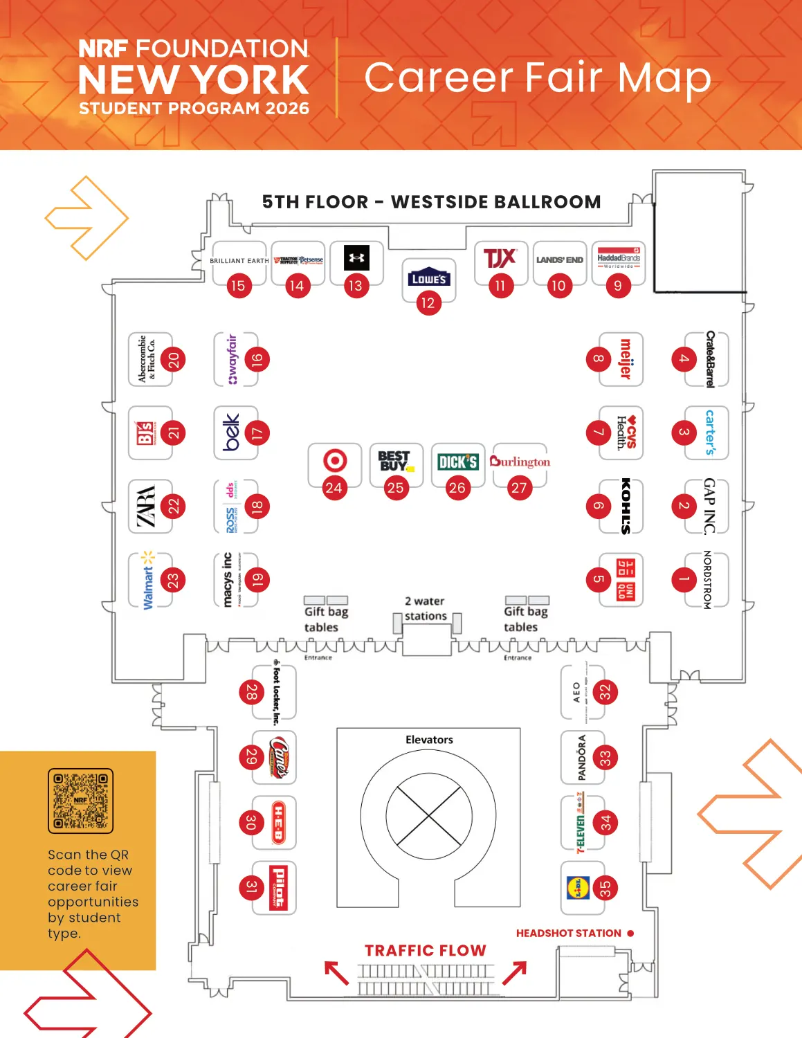 A diagram of the Career Fair's floorplan at NXT. It uses thin lines to represent walls and entryways and company logos to show booth placement.