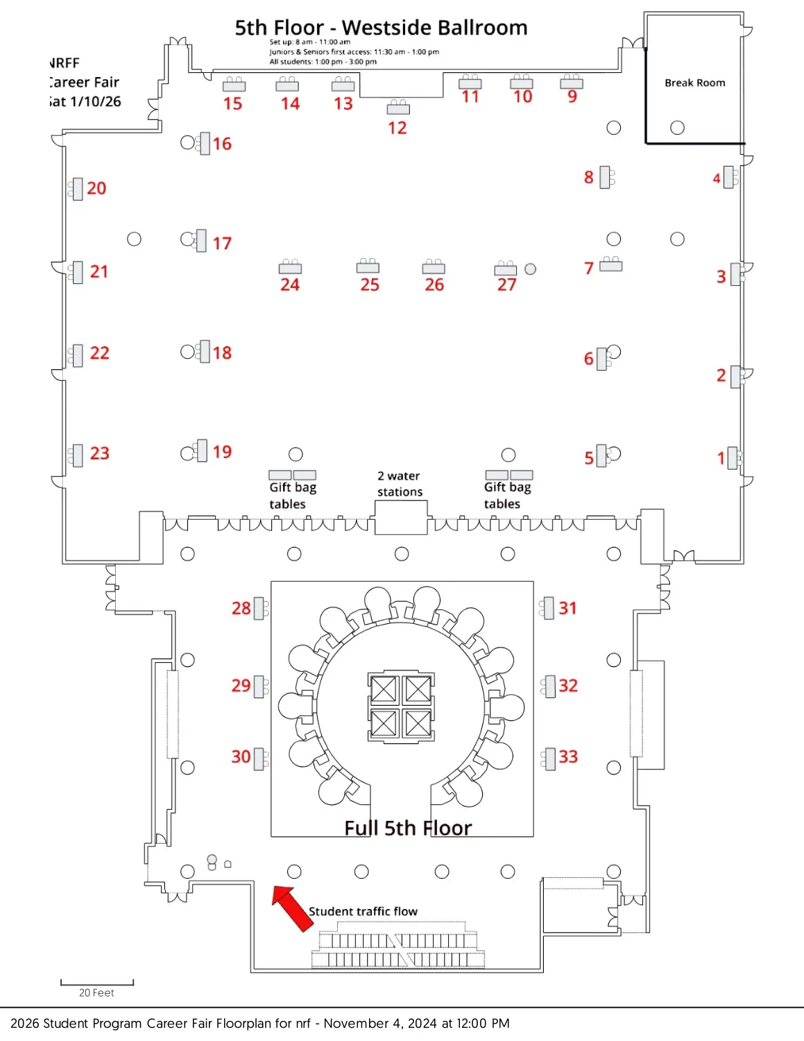 A diagram of the 2026 Student Program Career Fair floor layout. It depicts the 5th Floor Westside Ballroom.
