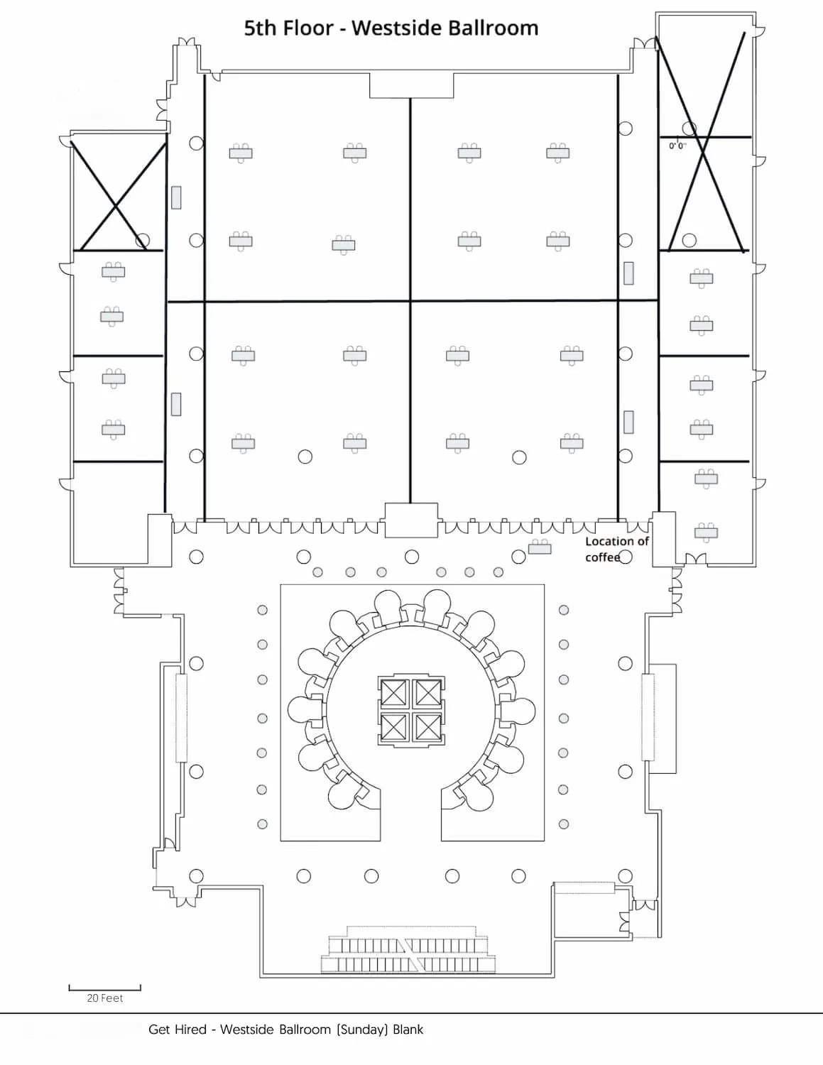 Floor plan of the 5th floor Westside Ballroom, showing multiple room divisions, seating arrangements, and a central round table setup.