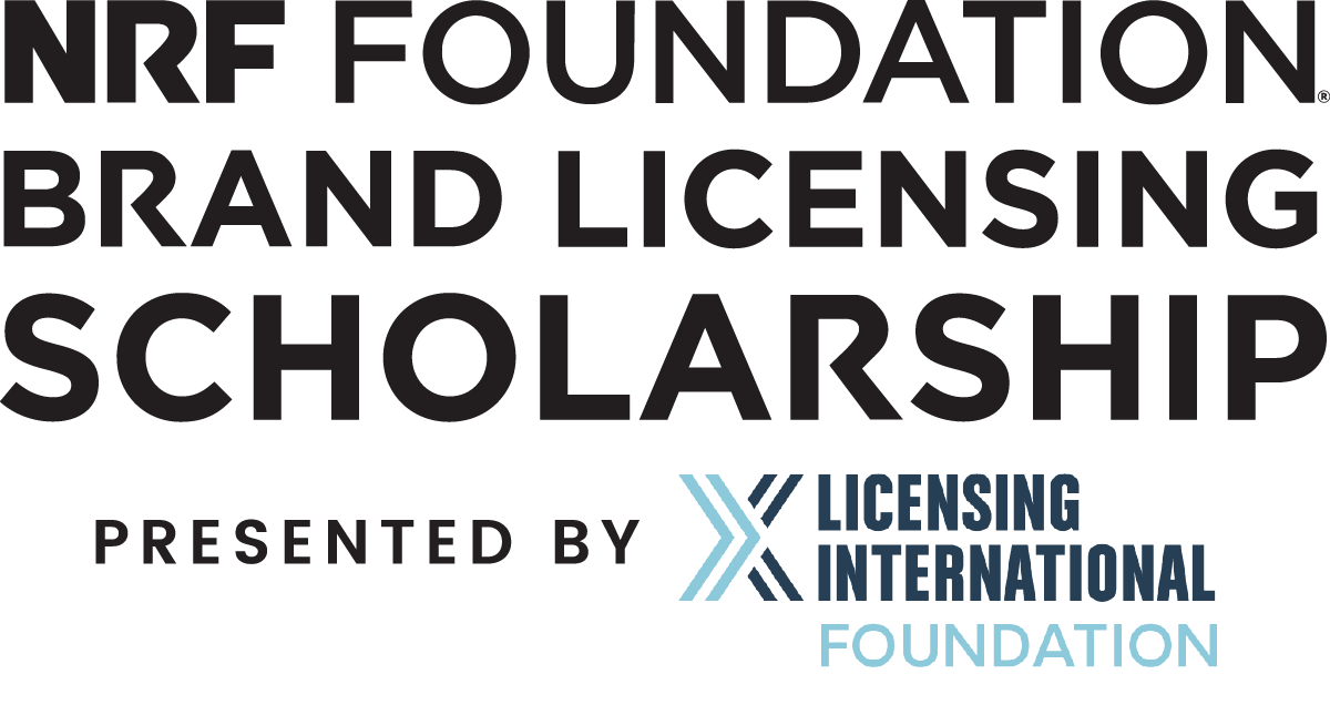 NRF Foundation Brand Licensing Scholarship is written in uppercase, black, blocky, and sans-serif lettering. The Licensing International Foundation logo is set below the phrase.