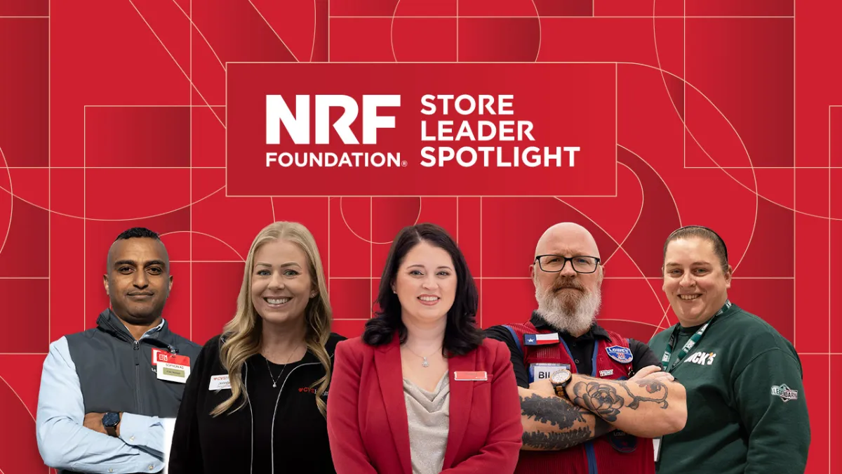 Composition of the 5 retail store leaders that are featured alongside red and gold geometric shapes and logo that reads: NRF Foundation Store Leader Spotlight