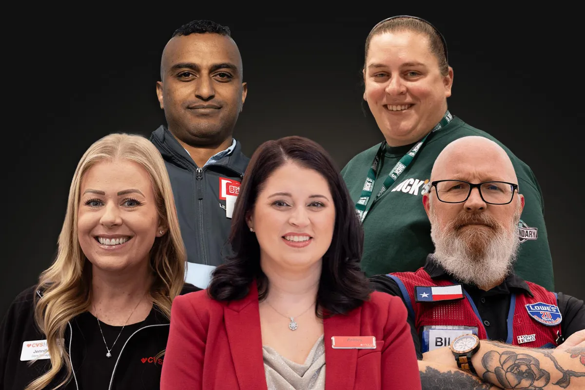 Five retail store leaders' profile photos are composed with one another over a black background. Each of them are wearing clothes consistent with what someone would wear in a retail store environment, ranging from vests, to quarter-zips, to crewneck sweaters.