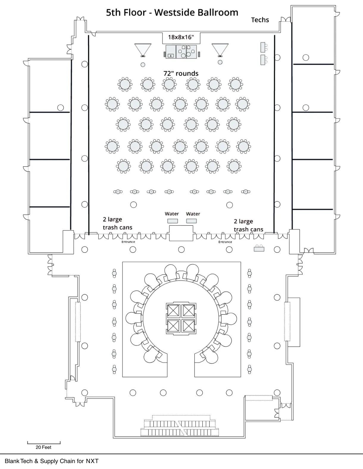 Floor plan of the 5th Floor Westside Ballroom showing table and chair arrangements, entrances, tech area, trash cans, and water stations.