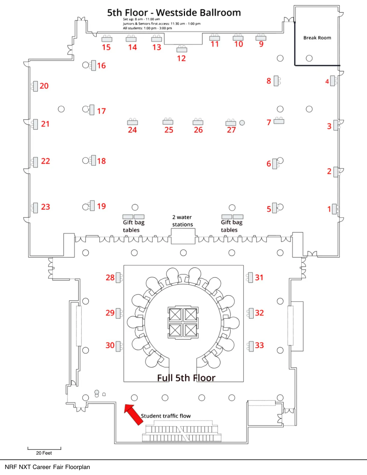 Floor plan of the 5th Floor Westside Ballroom with numbered tables, break room, gift bag tables, water stations, and student traffic flow marked.