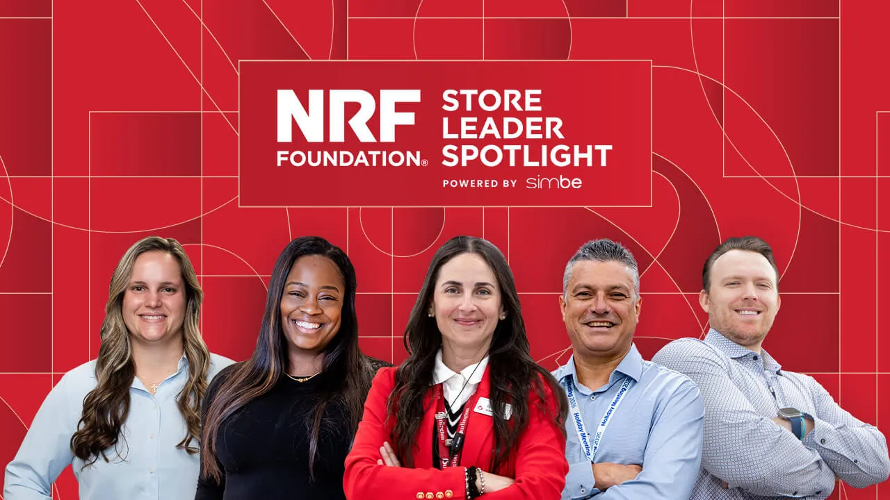 A group of five retail professionals smiling in front of a red geometric background, with "NRF Foundation Store Leader Spotlight" text.