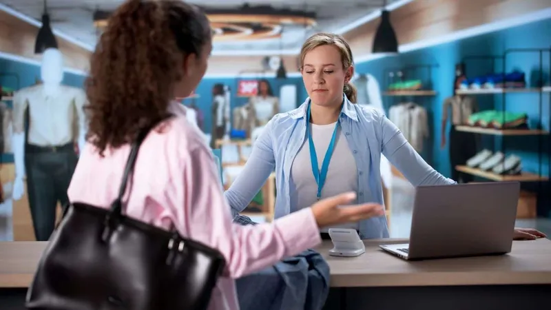 Store employee processing a product return for a customer at a retail counter.