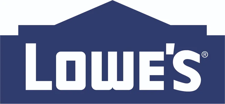 The Lowe's logo features a dark blue background in the shape of a home with the word Lowe's written in white, blocky letters.