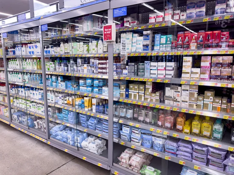 Locked shelves at a store.