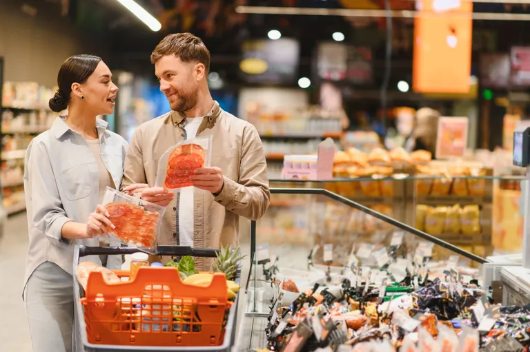 A couple shopping for groceries.