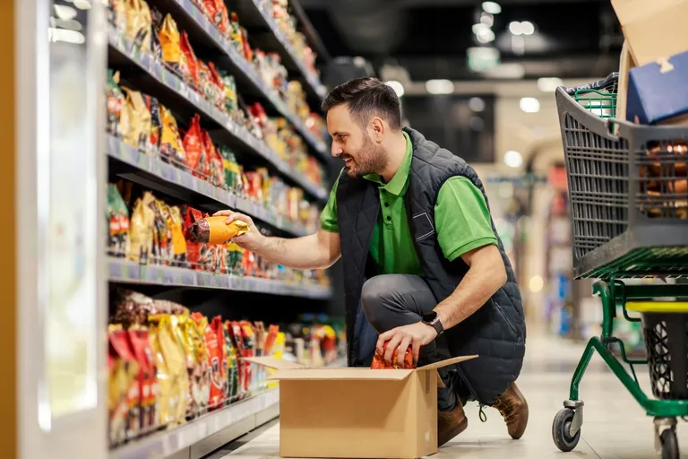 A retail worker stocking shelves.