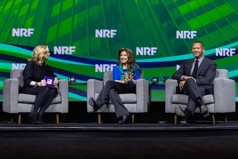 Martine Reardon, Dylan Lauren and Alex Rodriguez speak at NRF 2025.