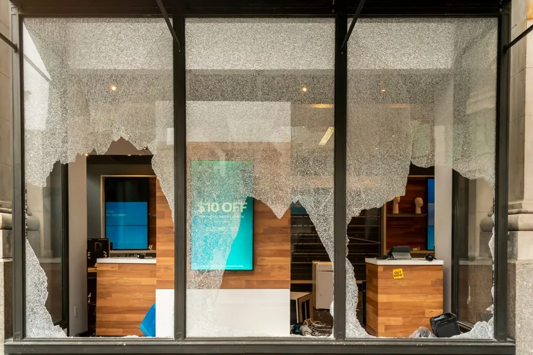 Shattered store windows