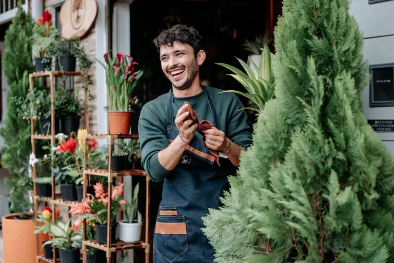 A small business owner trimming a tree.