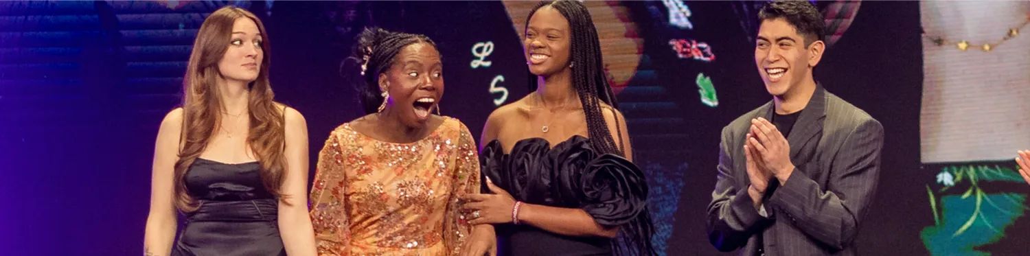 The winning University Challenge team from Columbia College Chicago moments before the announcement that they won: LaTasia Burton, Angel-Maryann Ntenyi, Marcos Rodrigues and Natasha Sturdevant.
