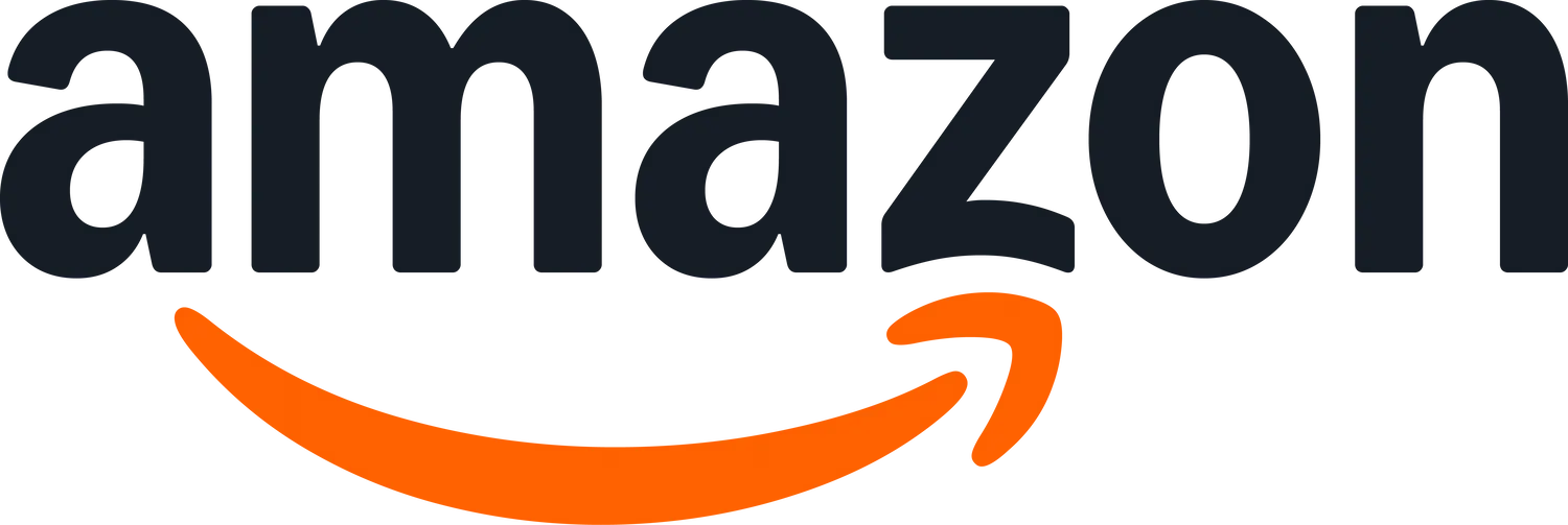 Amazon logo in black with a curved orange arrow underneath, resembling a smile.