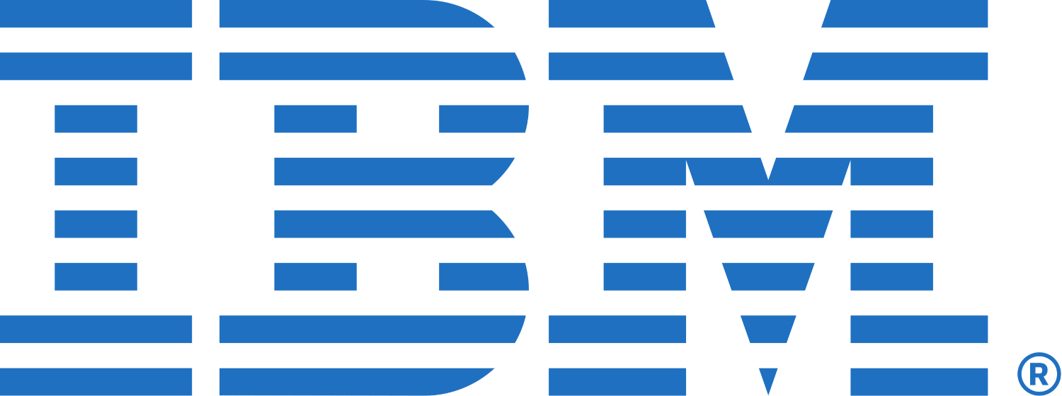 IBM logo in bold blue capital letters with horizontal white stripes cutting through each letter.