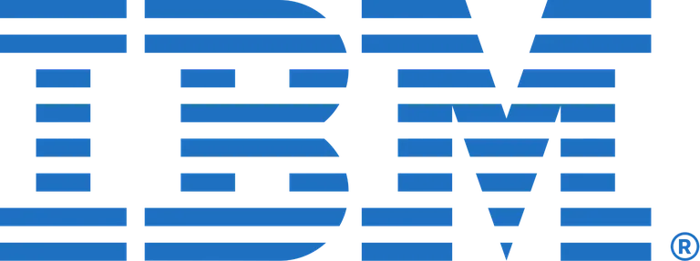 IBM logo in bold blue capital letters with horizontal white stripes cutting through each letter.