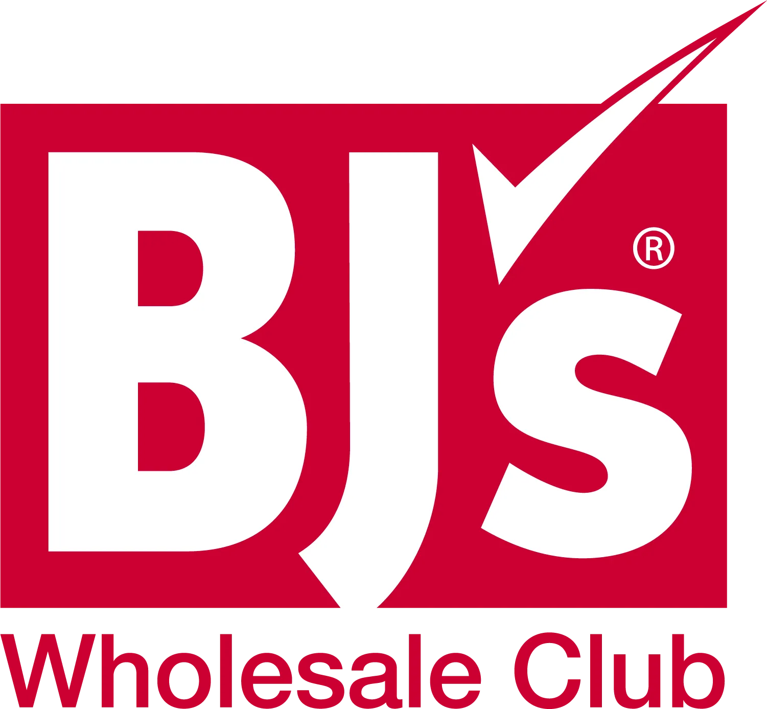 BJ's Wholesale Club logo: The letter's B, J, apostrophe, and s are white in a bright red, rectangle background. Wholesale Club is written in red under the rectangle. The apostrophe is in the shape of a check mark.