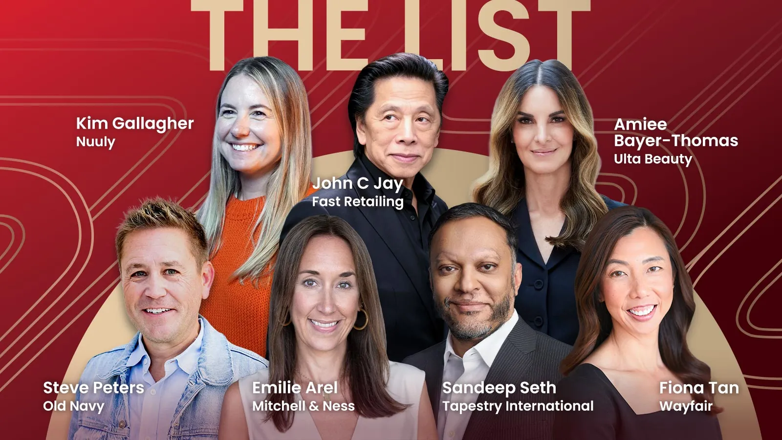 A group photo of seven business executives from various companies, smiling against a maroon background with "THE LIST" in large letters. Kim Gallagher, John C Jay, Amiee Bayer-Thomas, Steve Peters, Emilie Arel, Sandeep Seth, and Fiona Tan.