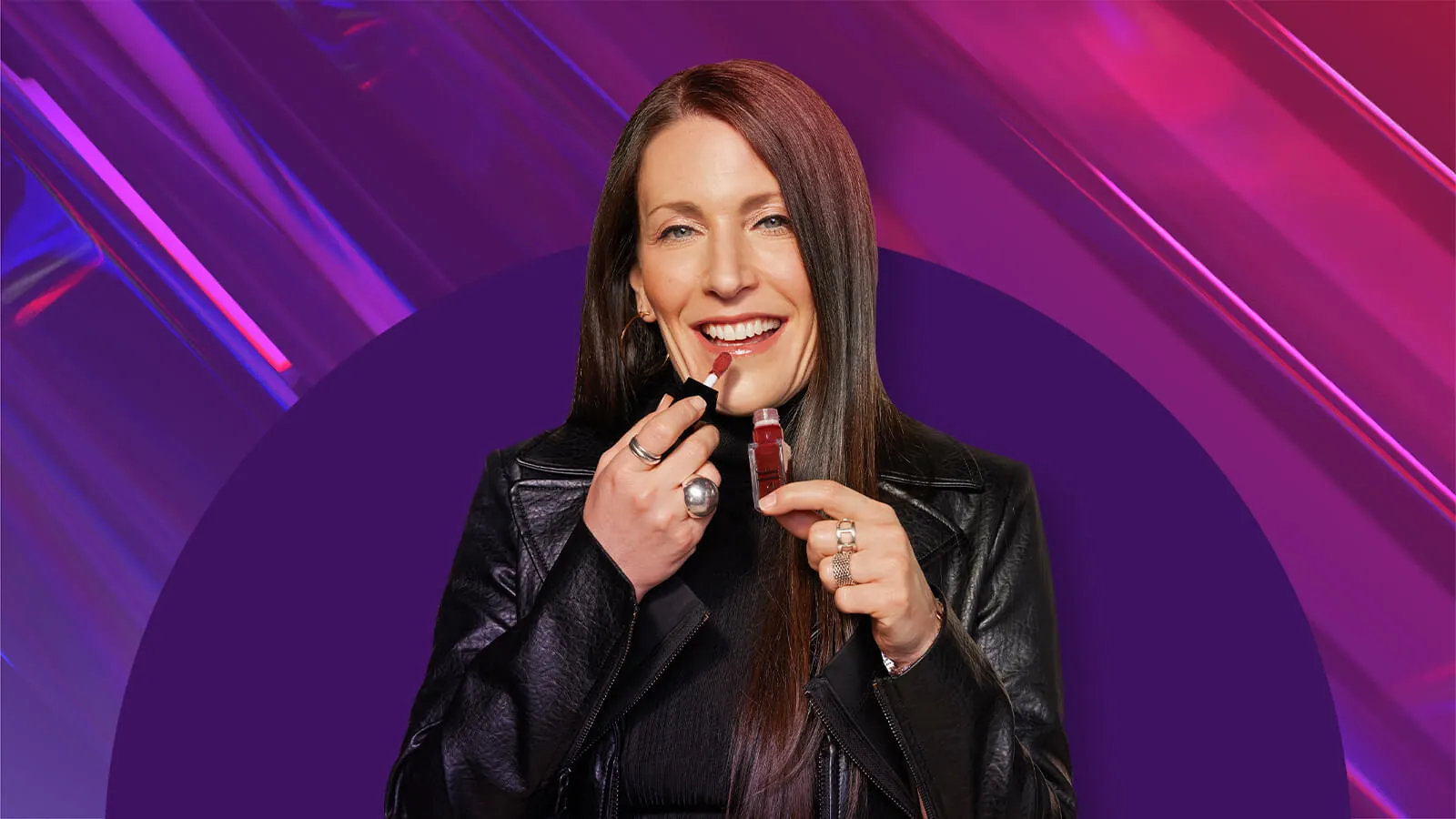 A vibrant, abstract background featuring shades of purple and pink with diagonal lines and geometric shapes. In the center, NRF Foundation's 2026 The List honoree Kory Marchisotto.