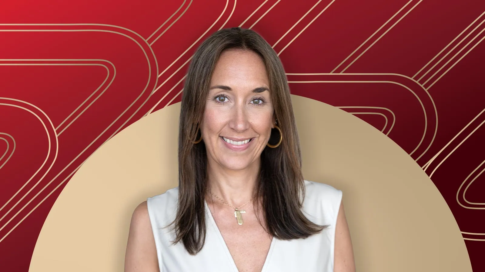 Member of "The List", Emilie Arel, stands against a red and beige geometric background.