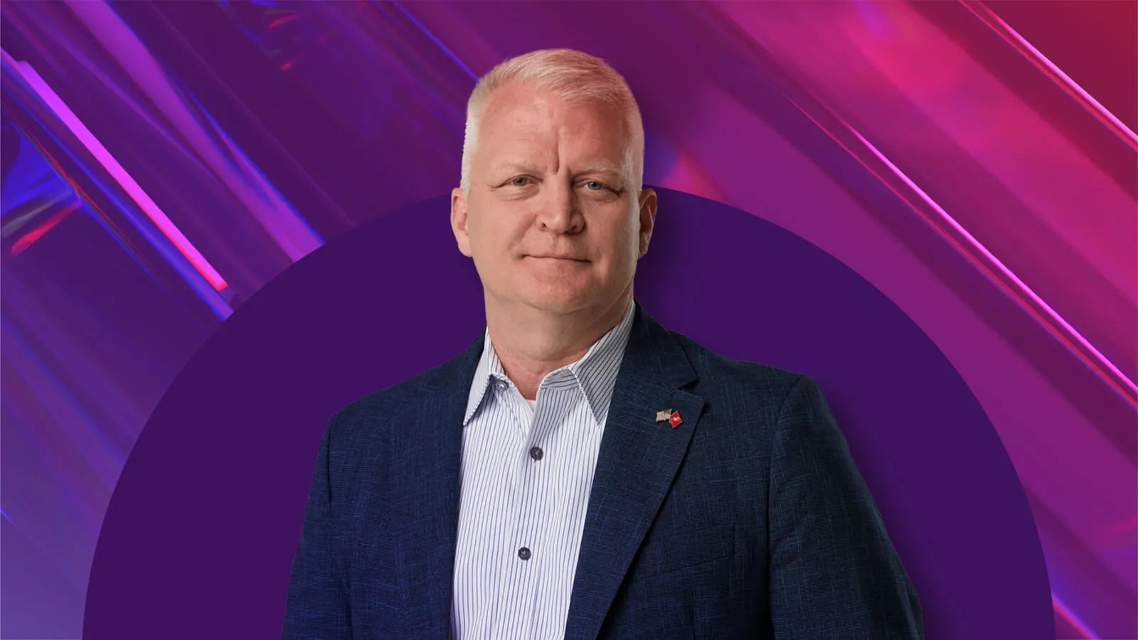 A vibrant, abstract background featuring shades of purple and pink with diagonal lines and geometric shapes. In the center, NRF Foundation's 2026 The List honoree Scott McBride.