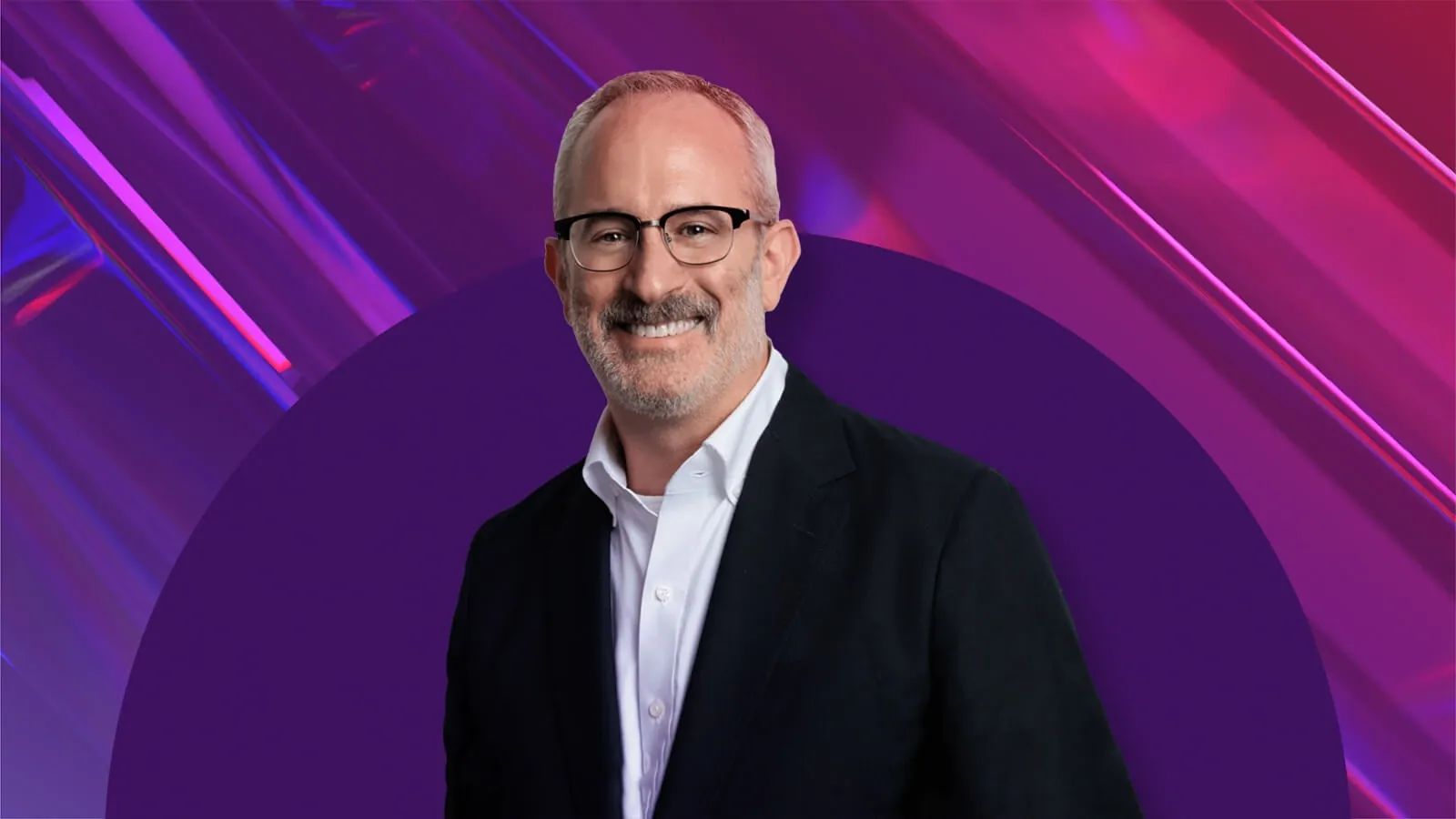 A vibrant, abstract background featuring shades of purple and pink with diagonal lines and geometric shapes. In the center, NRF Foundation's 2026 The List honoree Billy May.
