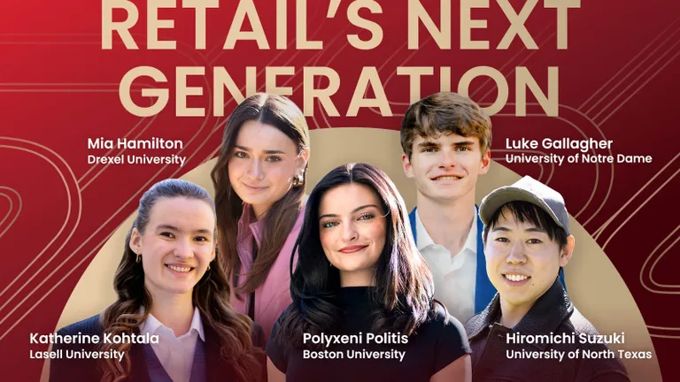 A composition of Retail's Next Generation scholarship finalists. In the back row: Mia Hamilton (Drexel University) and Luke Gallagher (University of Notre Dame). In the foreground row: Katherine Kohtala (Lasell University), Polyxeni Politis (Boston University) and Hiromichi Suzuki (University of North Texas).