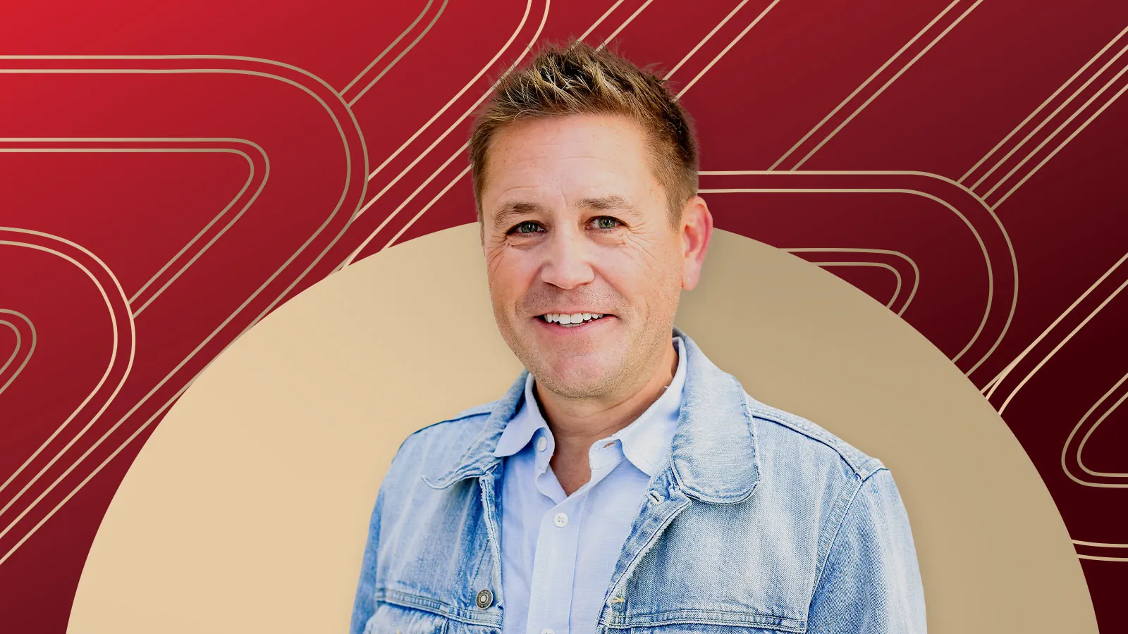 Member of "The List", Steve Peters, stands against a red and beige geometric background.