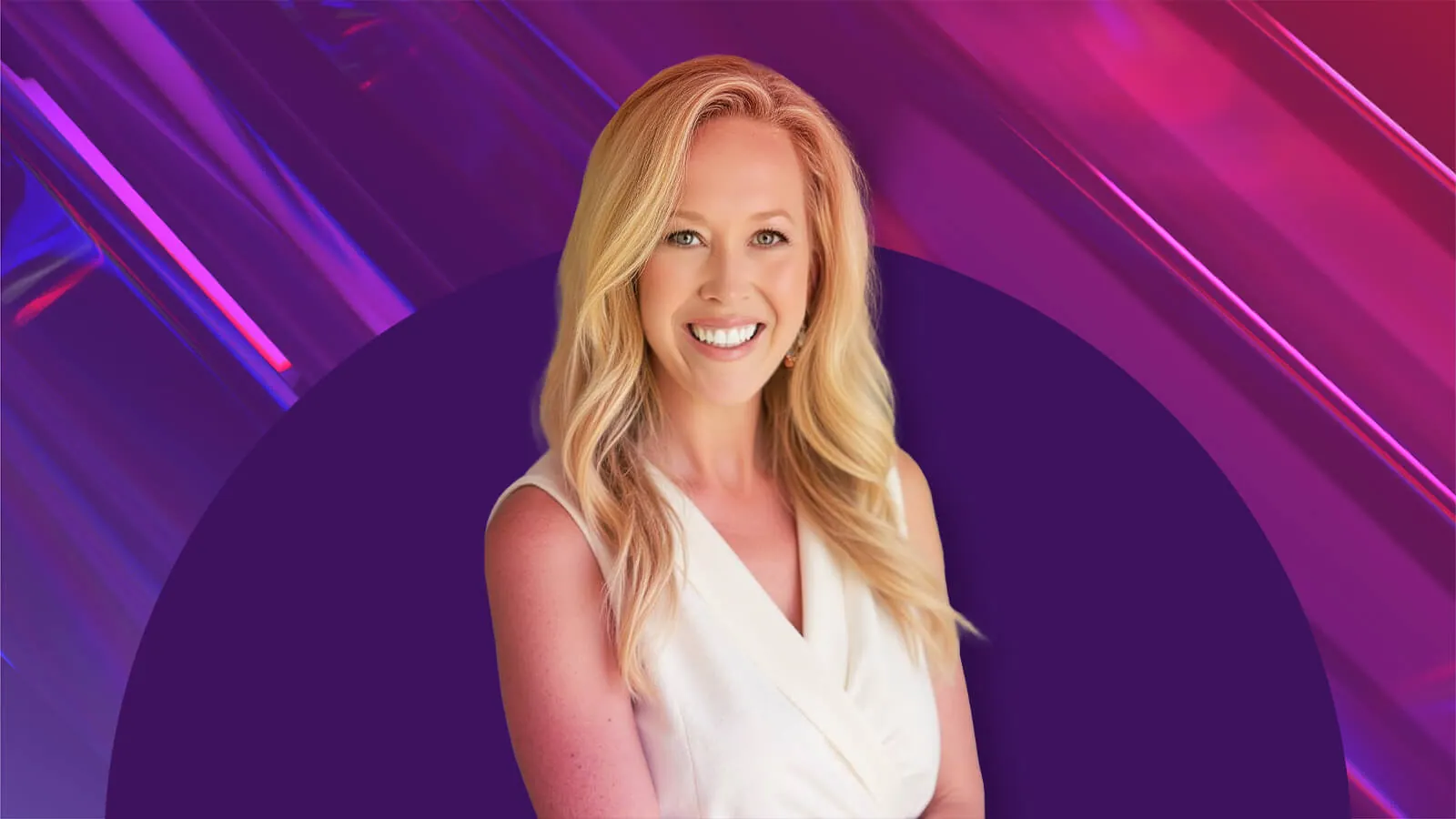 A vibrant, abstract background featuring shades of purple and pink with diagonal lines and geometric shapes. In the center, NRF Foundation's 2026 The List honoree Brieane Olson.
