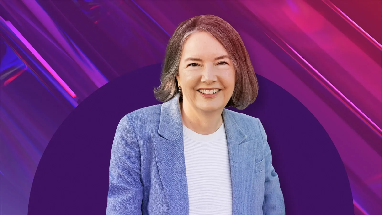 A vibrant, abstract background featuring shades of purple and pink with diagonal lines and geometric shapes. In the center, NRF Foundation's 2026 The List honoree Kathleen McLaughlin.