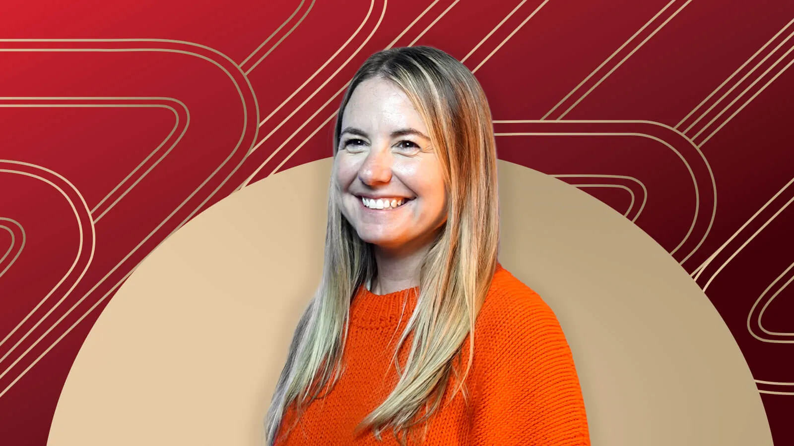 Member of "The List", Kim Gallagher, stands against a red and beige geometric background.