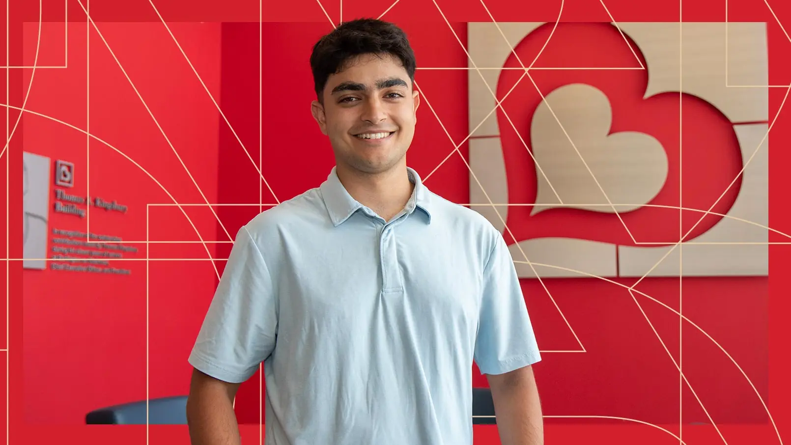 Allocation Analyst Anil Murthy-Uppal stands in front of an in-store Burlington logo. The photo has a red border and thin, gold, and geometric lines running through the background.
