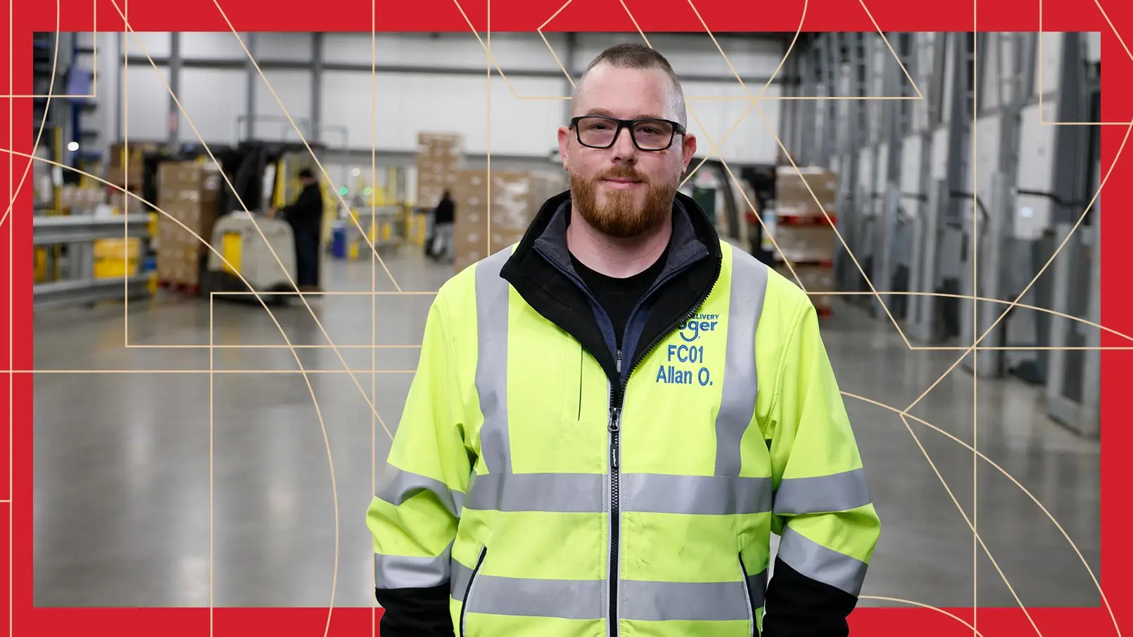 Transportation Manager Allan Oliver stands in the warehouse. The photo has a red border and thin, gold, and geometric lines running through the background.