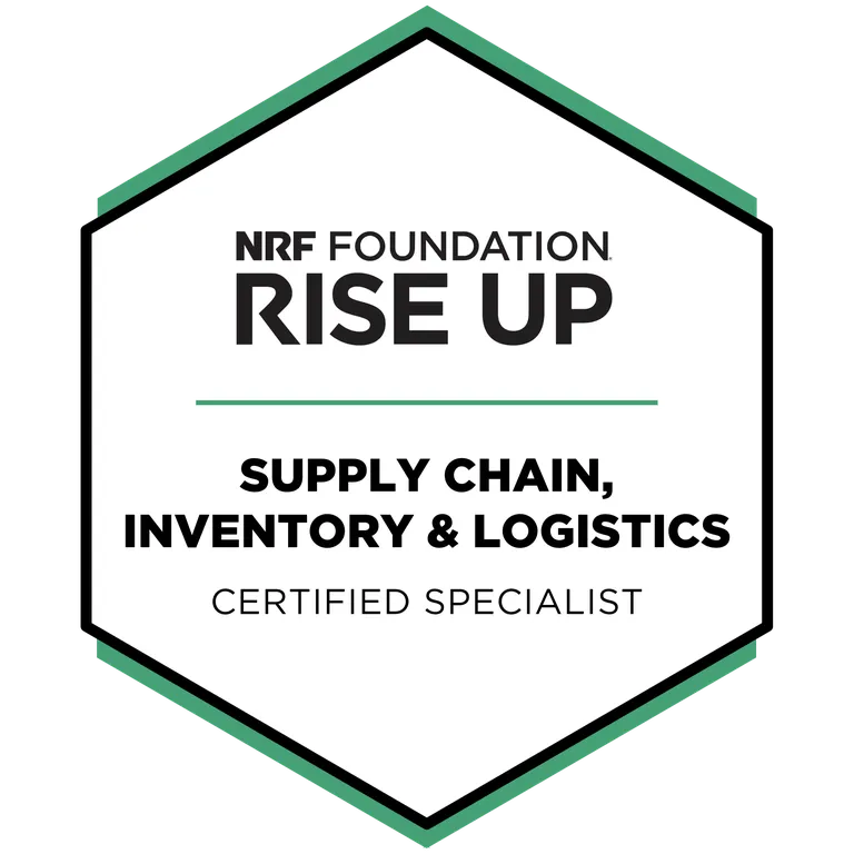 The phrase Supply Chain, Inventory & Logistics Certified Specialist is framed in a hexagonal, badge shape with an green outline.
