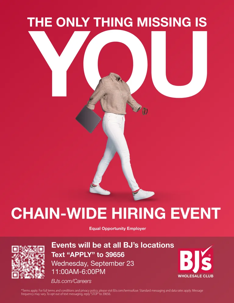 Hiring event poster with text "The Only Thing Missing is You" and event details for BJ's Wholesale Club on a red background. Text APPLY to 39656. Visit BJs.com/careers.