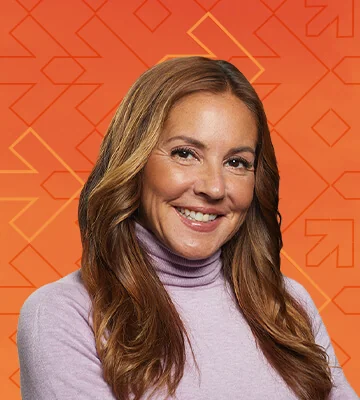 Professional portrait of Detria Courtalis. The photo's background has a gradient of orange and red colors along with arrows pointing right, consistent with the NRF Foundation Student Program branding.