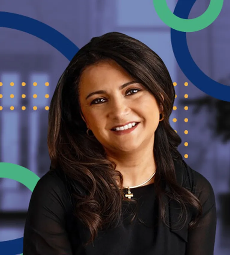 Professional bio photo of Monica Davila overlayed upon the NRF Emerging Leaders brand colors of blue and green.