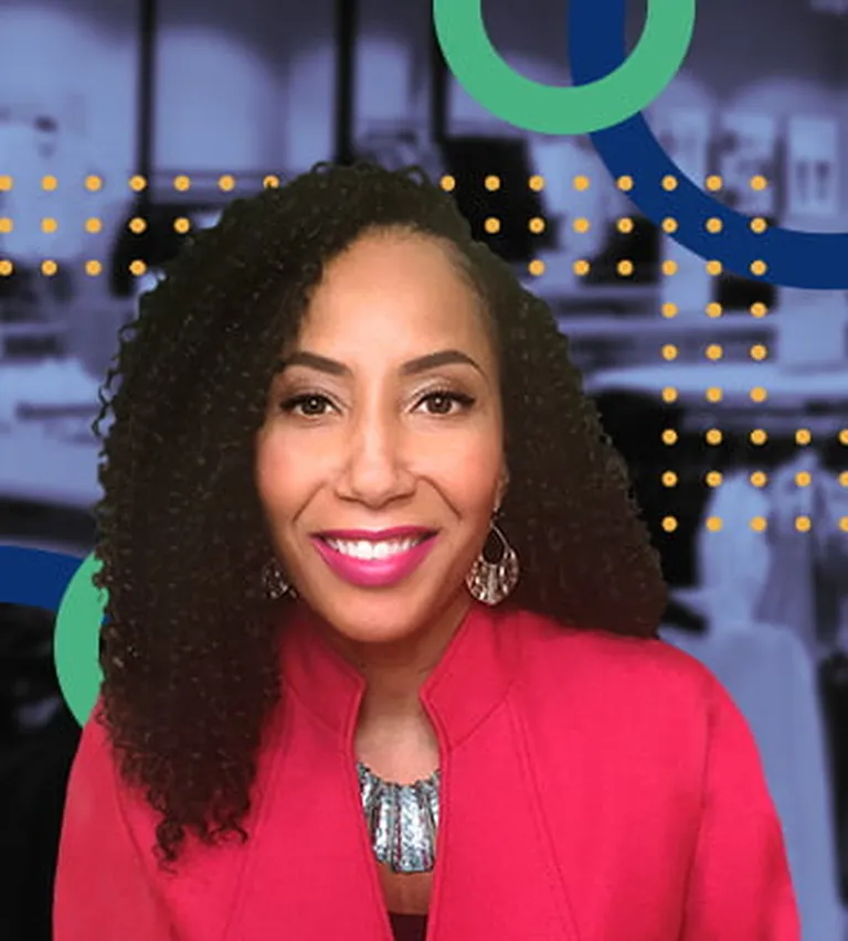 Professional bio photo of Mecca Mitchell overlayed upon the NRF Emerging Leaders brand colors of blue and green.