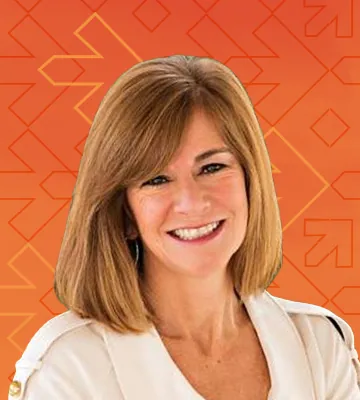 A profile photo of Barbra Bukovac, overlayed over an orange background with a geometric pattern of arrows and diamond shapes.