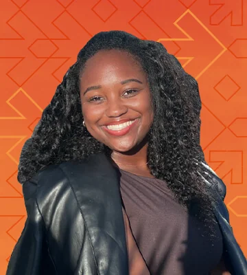 Professional portrait of Mariah Taylor Judd. The photo's background has a gradient of orange and red colors along with arrows pointing right, consistent with the NRF Foundation Student Program branding.