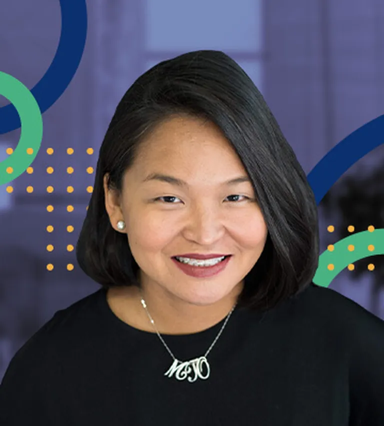 Professional bio photo of Michelle Toledo overlayed upon the NRF Emerging Leaders brand colors of blue and green.